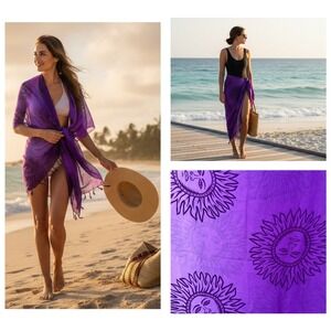 Rima Sarong Wrap Womens OS Purple Celestial Sun Face Fringe Beach Coverup Boho